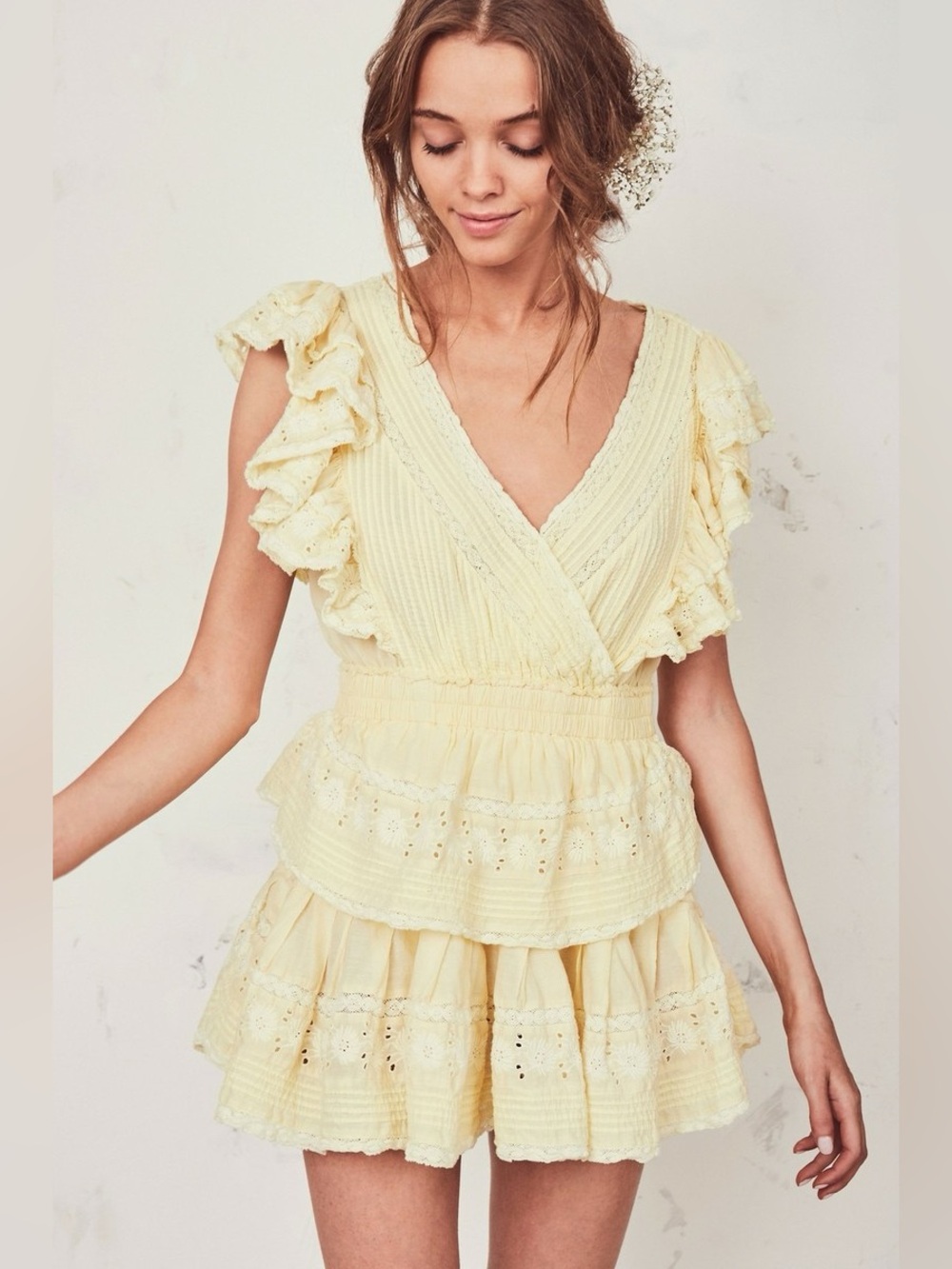 LoveShackFancy Gwen Dress Yellow Eyelet Ruffle Cotton Cottagecore Mini Feminine